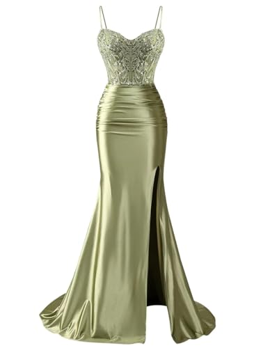 Damen Satin Brautjungfernkleider für Hochzeit mit Schlitz Meerjungfrau Ballkleider Cocktailkleider Übergröße, salbeigrün, 32 von SAYNO