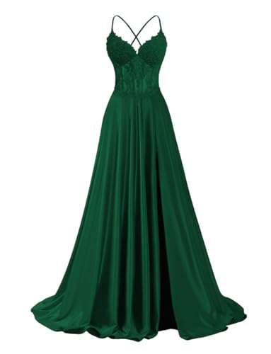 Damen Satin Brautjungfernkleider für Hochzeit mit Schlitz Meerjungfrau Ballkleider Cocktailkleider Übergröße, smaragdgrün, 44 von SAYNO