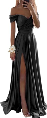 Damen Schulterfrei Brautjungfernkleider für Hochzeit Seitenschlitz Lange Geraffte Satin Formelle Kleider mit Taschen, Schwarz , 36 von SAYNO