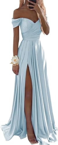 Damen Schulterfrei Brautjungfernkleider für Hochzeit Seitenschlitz Lange Geraffte Satin Formelle Kleider mit Taschen, hellblau, 36 von SAYNO