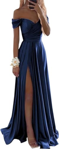 Damen Schulterfrei Brautjungfernkleider für Hochzeit Seitenschlitz Lange Geraffte Satin Formelle Kleider mit Taschen, marineblau, 48 Plus von SAYNO