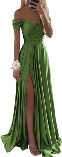Damen Schulterfrei Brautjungfernkleider für Hochzeit Seitenschlitz Lange Geraffte Satin Formelle Kleider mit Taschen, olivgrün, 40 von SAYNO