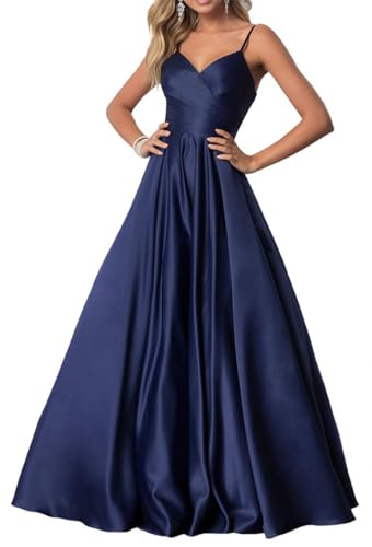 Damen Spaghettiträger Satin Ballkleider mit Taschen V-Ausschnitt Plissee formelle Abendkleider Ballkleider, marineblau, 48 Plus von SAYNO
