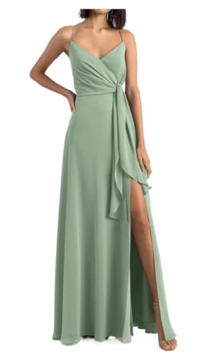 Damen Split Side Chiffon Brautjungfer Kleider Spaghettiträger Falten Abschlussball Party Abendkleider, Sea Glass, 34 von SAYNO