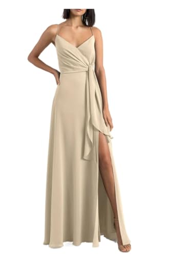 Damen Split Side Chiffon Brautjungfer Kleider Spaghettiträger Falten Abschlussball Party Abendkleider, champagnerfarben, 40 von SAYNO