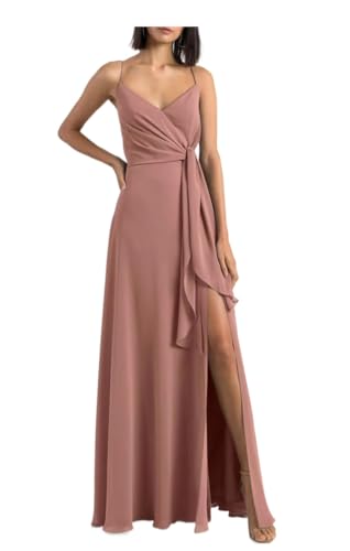 Damen Split Side Chiffon Brautjungfer Kleider Spaghettiträger Falten Abschlussball Party Abendkleider, clay, 40 von SAYNO