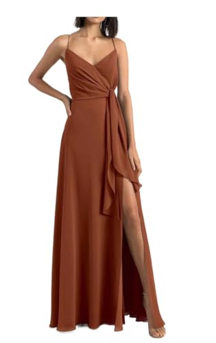 Damen Split Side Chiffon Brautjungfer Kleider Spaghettiträger Falten Abschlussball Party Abendkleider, terracotta, 34 von SAYNO