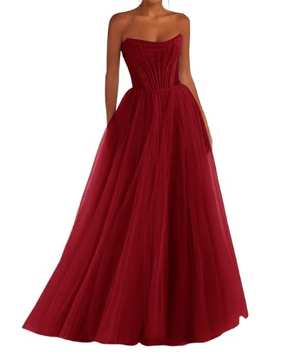 Damen Tüll Garten Hochzeit Kleider Puffy Formal Abend Ballkleider Trägerlos Cocktailkleider Übergröße, weinrot, 32 von SAYNO