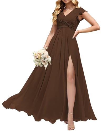 Damen V-Ausschnitt Kurzarm Brautjungfernkleider Plissee Chiffon A-Linie Langes formelles Kleid mit Schlitz, braun, 48 Plus von SAYNO