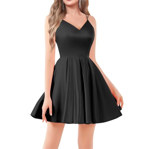 Damen V-Ausschnitt Satin Homecoming Kleider für Teens Spaghettiträger Abschlusskleid, Schwarz , 52 Plus von SAYNO