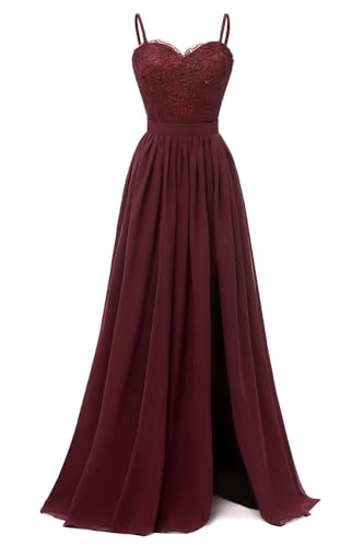 Damen V-Ausschnitt Spaghettiträger Brautjungfernkleid Seitenschlitz Spitze Chiffon Hochzeit Ballkleider QSAW482, dunkles burgunderrot, 36 von SAYNO