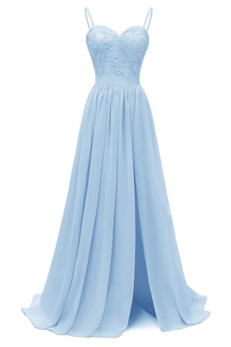 Damen V-Ausschnitt Spaghettiträger Brautjungfernkleid Seitenschlitz Spitze Chiffon Hochzeit Ballkleider QSAW482, himmelblau, 36 von SAYNO