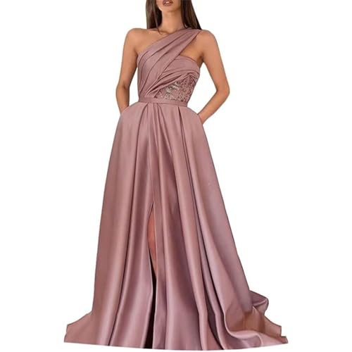 Elegante Satin Eine Schulter Prom Kleider für Frauen 2023 Spitze Appliques A-Linie Formale Abendkleider mit Taschen, Dusty Rose, 50 Plus von SAYNO