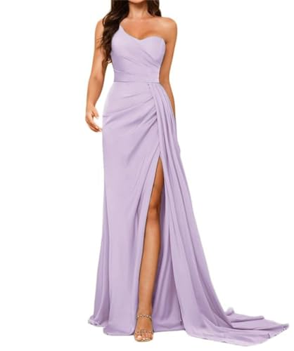 Frauen eine Schulter Satin Brautjungfer Kleider 2023 mit Schlitz Lange Formale Prom Kleid Geraffte Party Kleider, lavendel, 38 von SAYNO