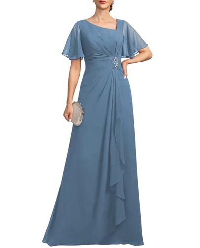 Kurzärmeliges Kleid für die Brautmutter mit glitzernden Perlen, formelle Abendkleider, Chiffon, Zeremoniekleid, stahlblau, 48 Plus von SAYNO