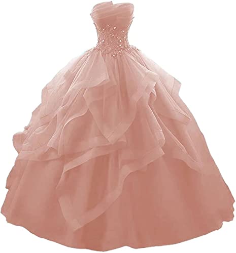 Langes Rüschen Ballkleid Quinceanera Kleider Trägerlos Spitze Tüll Perlen Prinzessin Abendkleid, Dusty Rose, 38 von SAYNO