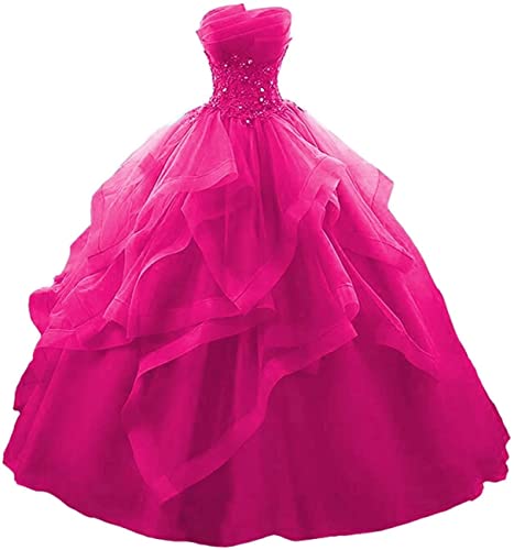 Langes Rüschen Ballkleid Quinceanera Kleider Trägerlos Spitze Tüll Perlen Prinzessin Abendkleid, fuchsia, 40 von SAYNO