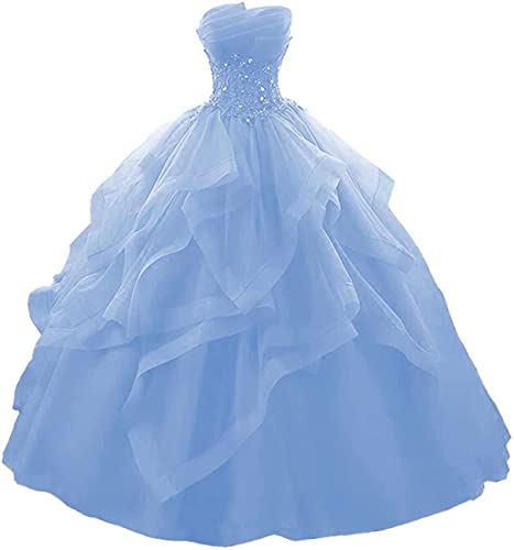 Langes Rüschen Ballkleid Quinceanera Kleider Trägerlos Spitze Tüll Perlen Prinzessin Abendkleid, himmelblau, 44 von SAYNO