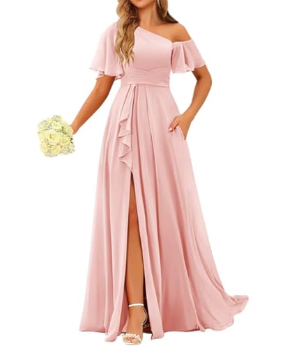 One-Schulter Brautjungfernkleider für Frauen mit Taschen Chiffon Volants formale Abendkleider plus Size, Blush Pink, 48/Große Größen von SAYNO