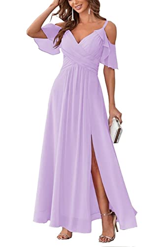 SAYNO Brautjungfern Kleider für Frauen mit Schlitz kalte Schulter Chiffon lange formelle Partykleid, Flieder, 50 von SAYNO