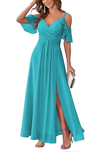 SAYNO Brautjungfern Kleider für Frauen mit Schlitz kalte Schulter Chiffon lange formelle Partykleid, aqua, 38 von SAYNO