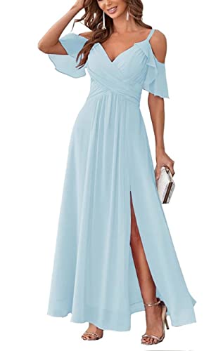 SAYNO Brautjungfern Kleider für Frauen mit Schlitz kalte Schulter Chiffon lange formelle Partykleid, himmelblau, 42 von SAYNO