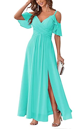 SAYNO Brautjungfern Kleider für Frauen mit Schlitz kalte Schulter Chiffon lange formelle Partykleid, türkis, 42 von SAYNO