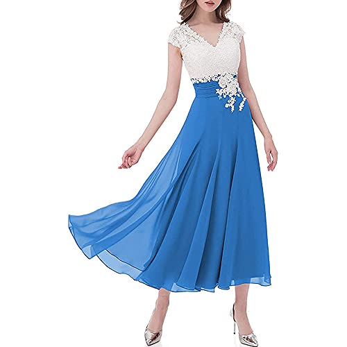 SAYNO Brautjungfernkleider Übergröße Damen Spitze V-Ausschnitt Ballsaal Party Kleider, blau, 38 von SAYNO