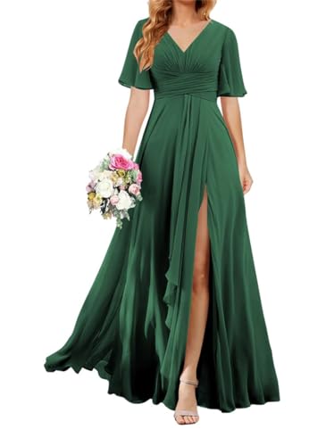 SAYNO Damen Brautjungfernkleider mit V-Ausschnitt, Rüschenärmel, Chiffon, A-Linie, formelles Kleid mit Schlitz, 2023, smaragdgrün, 52 Plus von SAYNO