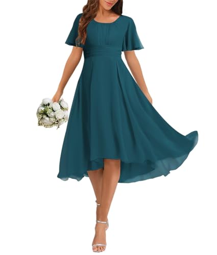SAYNO Damen Chiffon Brautjungfernkleider für Hochzeit Falten Zeremonie Kleider Cocktailkleider Rückenfrei Schnüren, blaugrün, 50 Plus von SAYNO