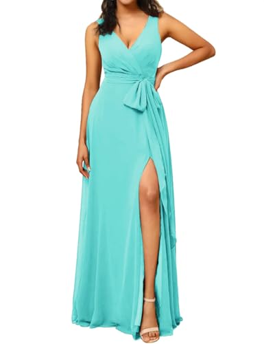 SAYNO Damen Lang Chiffon Brautjungfernkleider für Hochzeit V Ausschnitt Ärmellos Cocktailkleider mit Träger, türkis, 48 Plus von SAYNO