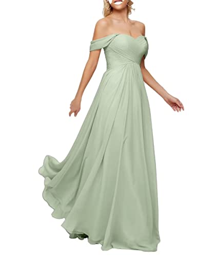 SAYNO Damen Schulterfrei Chiffon Abschlussball Kleider Gerafftes Mieder Empire Taille A-Linie Formal Party Kleid Elegant, Dusty Sage, 42 von SAYNO