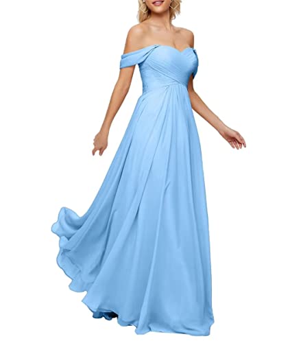 SAYNO Damen Schulterfrei Chiffon Abschlussball Kleider Gerafftes Mieder Empire Taille A-Linie Formal Party Kleid Elegant, blau, 38 von SAYNO