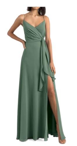 SAYNO Damen Split Side Chiffon Brautjungfer Kleider Spaghettiträger Falten Abschlussball Party Abendkleider, Eukalyptus, 36 von SAYNO