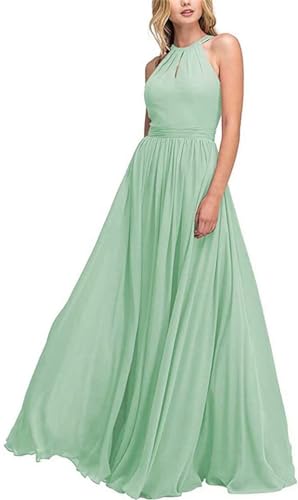 SAYNO Halfter Brautjungfer Kleider für Junioren Lange Plissee Chiffon Hochzeit Gast Abendkleid, mintgrün, 32 von SAYNO