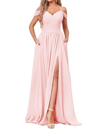 SAYNO Off Shoulder Brautjungfernkleid für Hochzeit Chiffon V-Ausschnitt Ballkleid Partykleid mit Taschen, Blush Pink, 44 von SAYNO