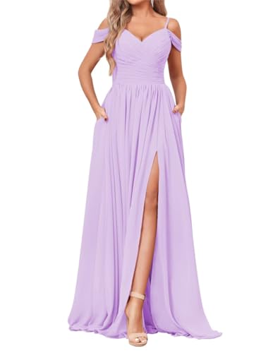 SAYNO Off Shoulder Brautjungfernkleid für Hochzeit Chiffon V-Ausschnitt Ballkleid Partykleid mit Taschen, Lila, 46 Große Größen von SAYNO