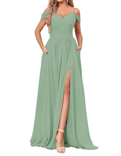 SAYNO Off Shoulder Brautjungfernkleid für Hochzeit Chiffon V-Ausschnitt Ballkleid Partykleid mit Taschen, Salbei Grün, 40 von SAYNO