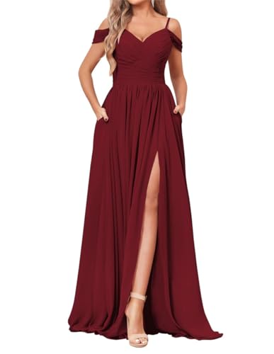 SAYNO Off Shoulder Brautjungfernkleid für Hochzeit Chiffon V-Ausschnitt Ballkleid Partykleid mit Taschen, burgund-rot, 44 von SAYNO
