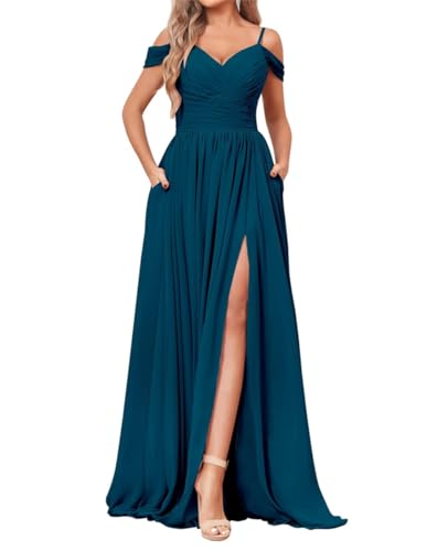 SAYNO Off Shoulder Brautjungfernkleid für Hochzeit Chiffon V-Ausschnitt Ballkleid Partykleid mit Taschen, pfau, 42 von SAYNO