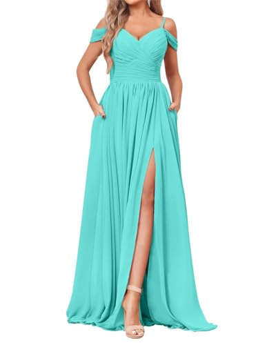 SAYNO Off Shoulder Brautjungfernkleid für Hochzeit Chiffon V-Ausschnitt Ballkleid Partykleid mit Taschen, türkis (turquise), 40 von SAYNO