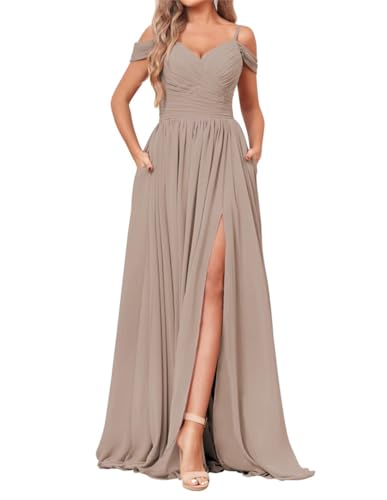 SAYNO Schulterfreies Brautjungfernkleid für Hochzeit, Chiffon, V-Ausschnitt, Abschlussball, Partykleid mit Taschen, taupe, 32 von SAYNO