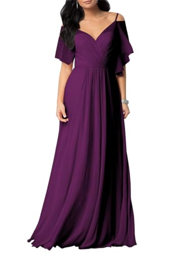 SAYNO Schulterfreies Chiffon-Brautjungfernkleid mit Ärmeln, plissiert, langes formelles Kleid, pflaume, 54 Plus von SAYNO