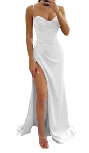 SAYNO Spaghettiträger Brautjungfernkleider mit Schlitz für Damen lang bescheidene Meerjungfrau Satin Korsett Ballkleider mit Falten weiß 32 von SAYNO