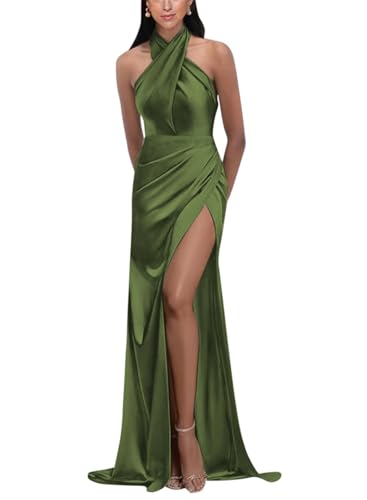 Satin Halfter Brautjungfer Kleider Lang mit Schlitz Meerjungfrau Ballkleid für Frauen Formal Kleid, olivgrün, 38 von SAYNO