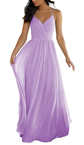 Spaghettiträger Hochzeit Brautjungfernkleider für Junioren V Ausschnitt Elegant Chiffon A-Linie Trauzeugin Kleider, Flieder, 32 von SAYNO