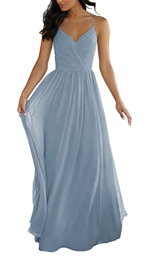 Spaghettiträger Hochzeit Brautjungfernkleider für Junioren V Ausschnitt Elegant Chiffon A-Linie Trauzeugin Kleider, dusty blue, 32 von SAYNO