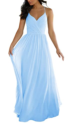 Spaghettiträger Hochzeit Brautjungfernkleider für Junioren V Ausschnitt Elegant Chiffon A-Linie Trauzeugin Kleider, hellblau, 48 Plus von SAYNO