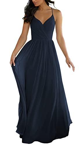 Spaghettiträger Hochzeit Brautjungfernkleider für Junioren V Ausschnitt Elegant Chiffon A-Linie Trauzeugin Kleider, marineblau, 32 von SAYNO
