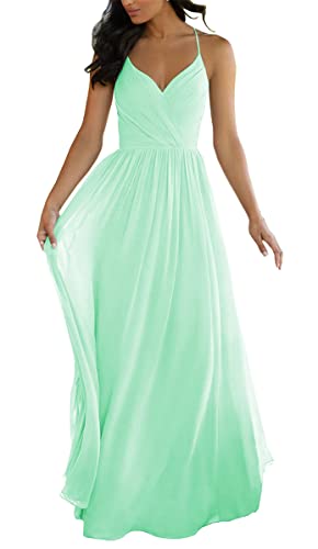 Spaghettiträger Hochzeit Brautjungfernkleider für Junioren V Ausschnitt Elegant Chiffon A-Linie Trauzeugin Kleider, mintgrün, 38 von SAYNO